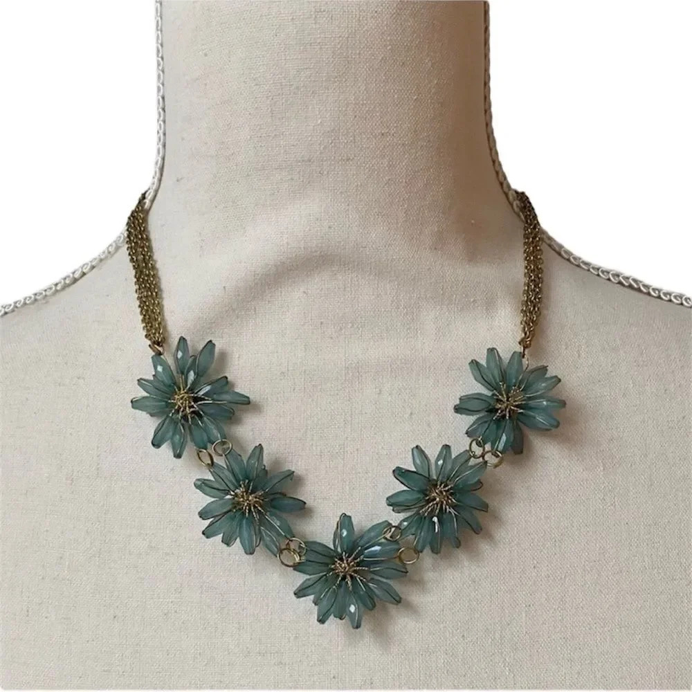 ZAD Floral Statement Necklace Blue Green Beaded Gold Tone NWT